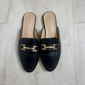 Black Flat Mule Slides with Gold Accent Size 8.5